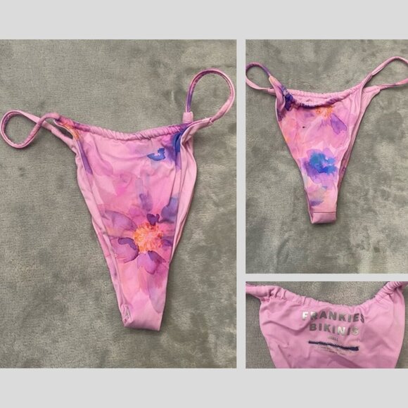 New! Frankie's Bikinis Pink Purple Floral Thin Side Straps Bikini Bottom 3005 - Picture 1 of 8